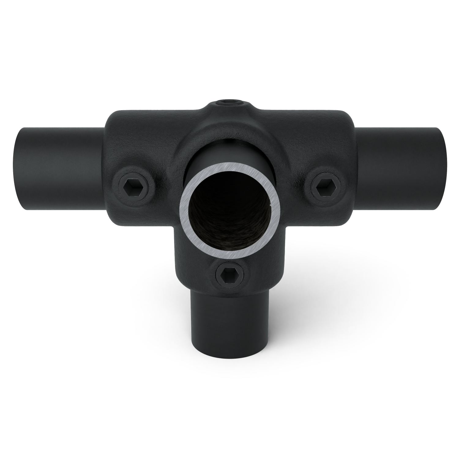 Buiskoppeling T-stuk zij-uitgang zwart 26,9 mm - vooraanzicht met buizen (Steigerbuisstunter.nl)