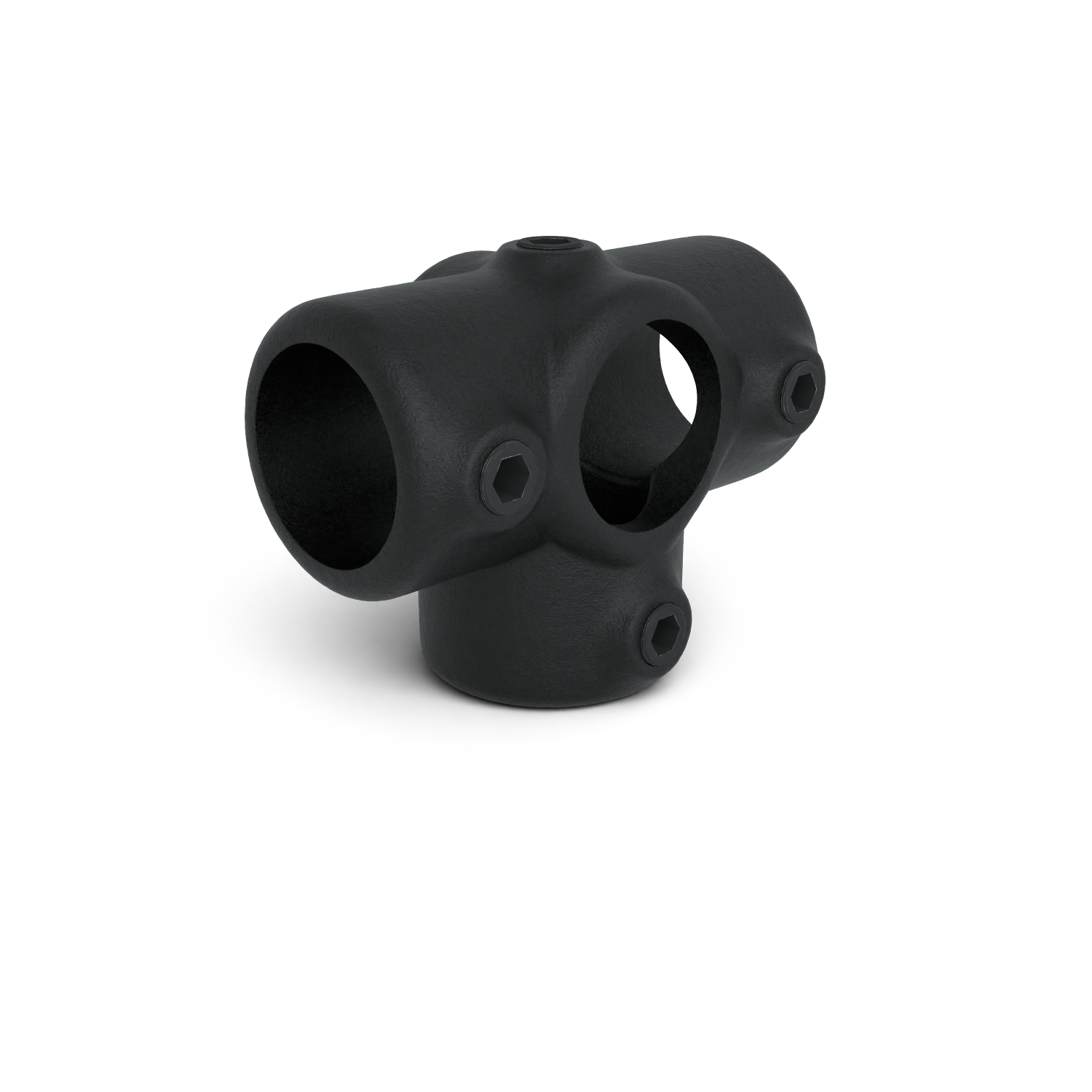 Buiskoppeling T-stuk zij-uitgang zwart 42,4 mm - schuin aanzicht buiskoppeling (Steigerbuisstunter.nl)