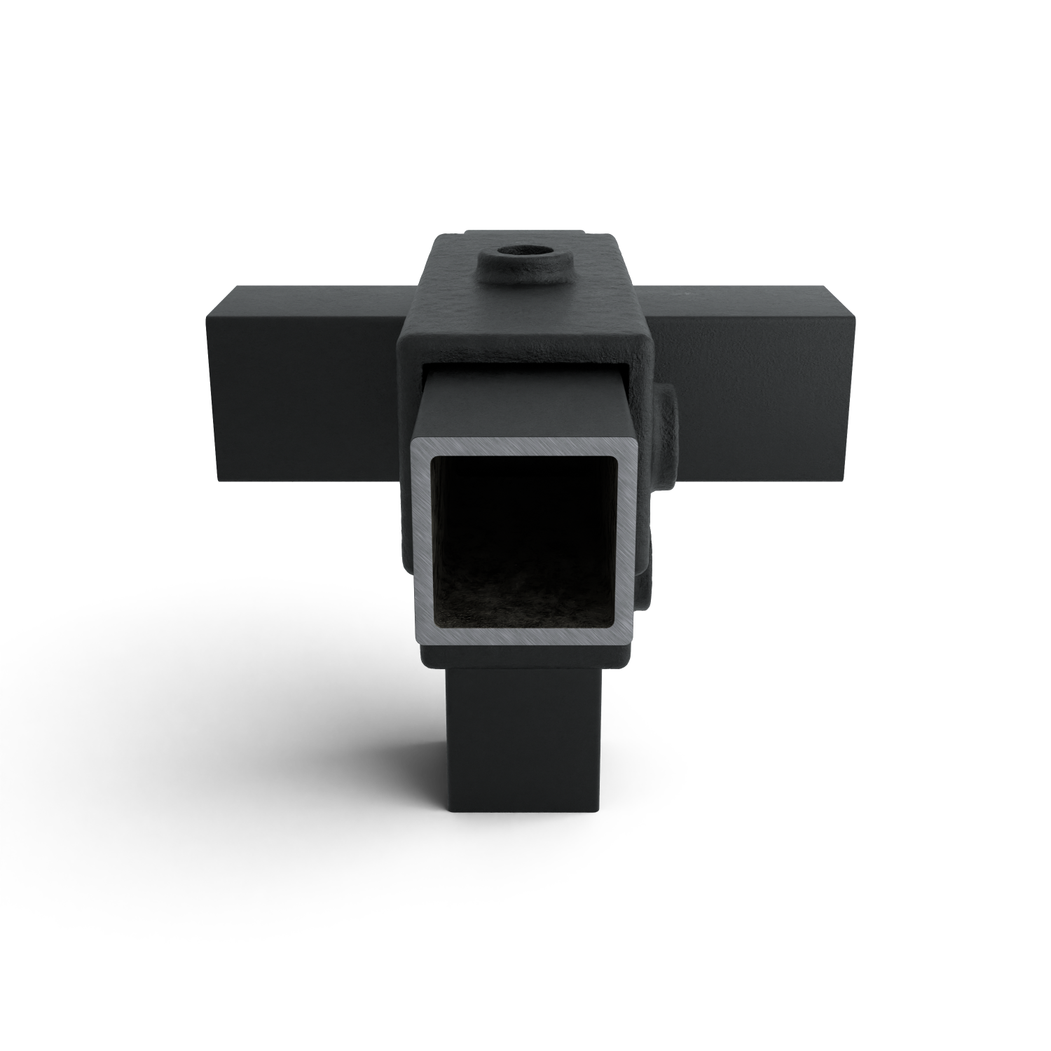 Buiskoppeling T-stuk zij-uitgang zwart 40 mm vierkant - zijaanzicht met buizen (Steigerbuisstunter.nl)