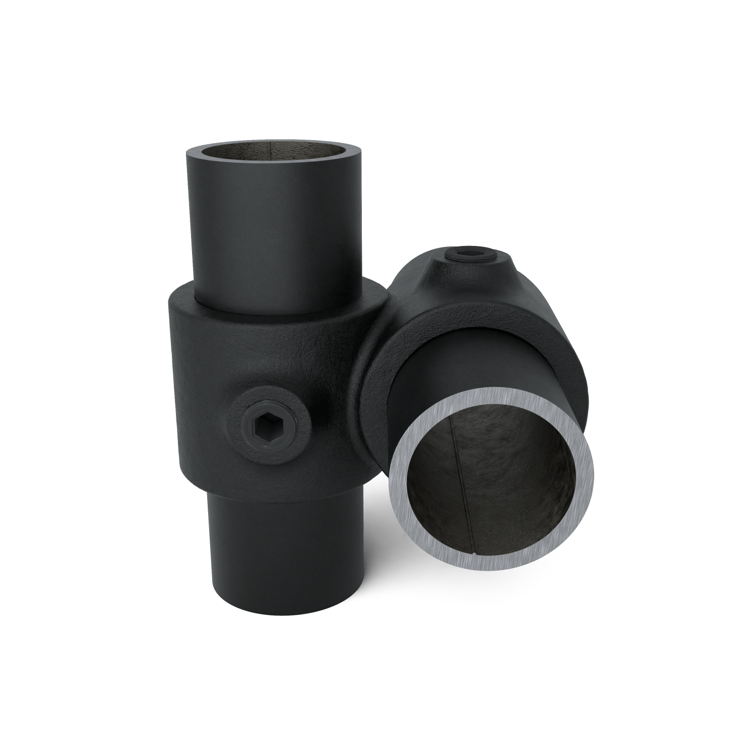 Buiskoppeling Kruisstuk 90º zwart 48,3 mm - vooraanzicht met buizen (Steigerbuisstunter.nl)
