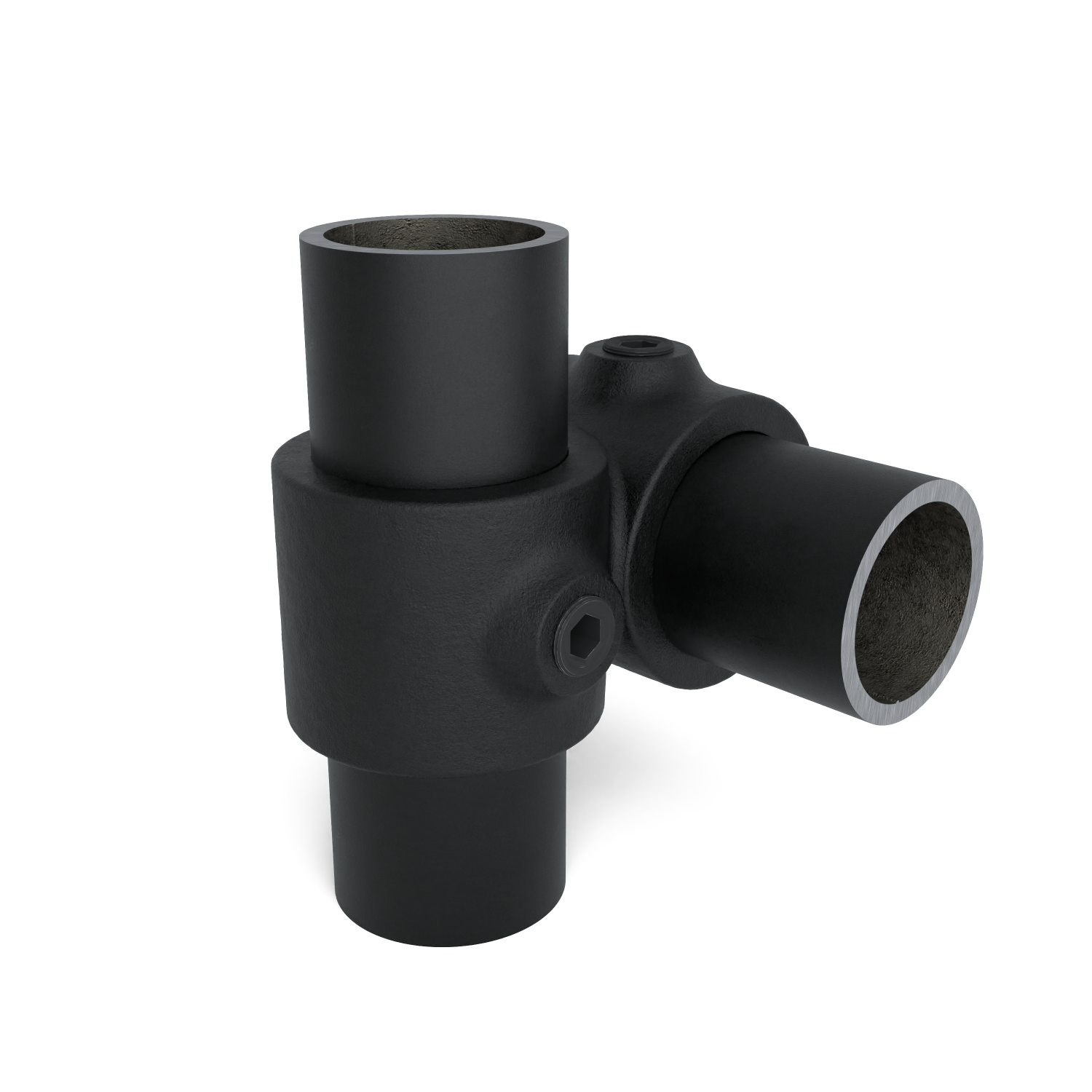 Buiskoppeling Kruisstuk 90º zwart 48,3 mm - schuin aanzicht met buizen (Steigerbuisstunter.nl)