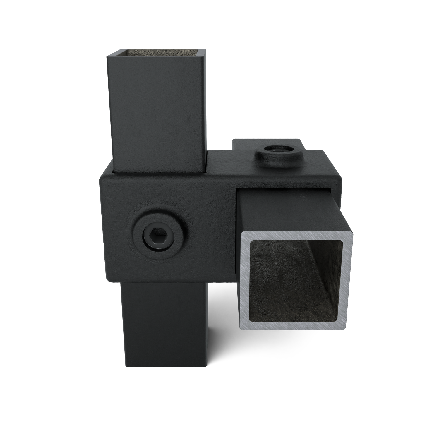 Buiskoppeling Kruisstuk 90º zwart 40 mm vierkant - vooraanzicht met buizen (Steigerbuisstunter.nl)