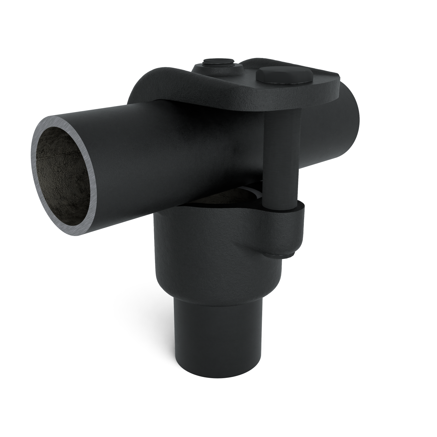 Buiskoppeling T-stuk open zwart 33,7 mm - vooraanzicht met buizen (Steigerbuisstunter.nl)