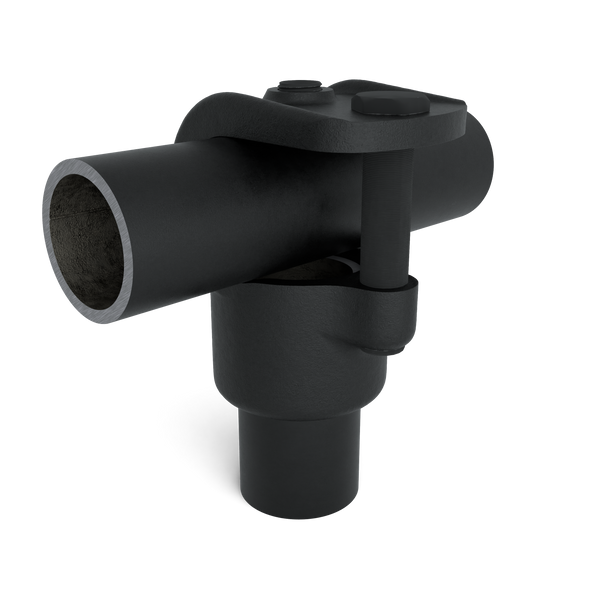 Buiskoppeling T-stuk open zwart 42,4 mm - vooraanzicht met buizen (Steigerbuisstunter.nl)
