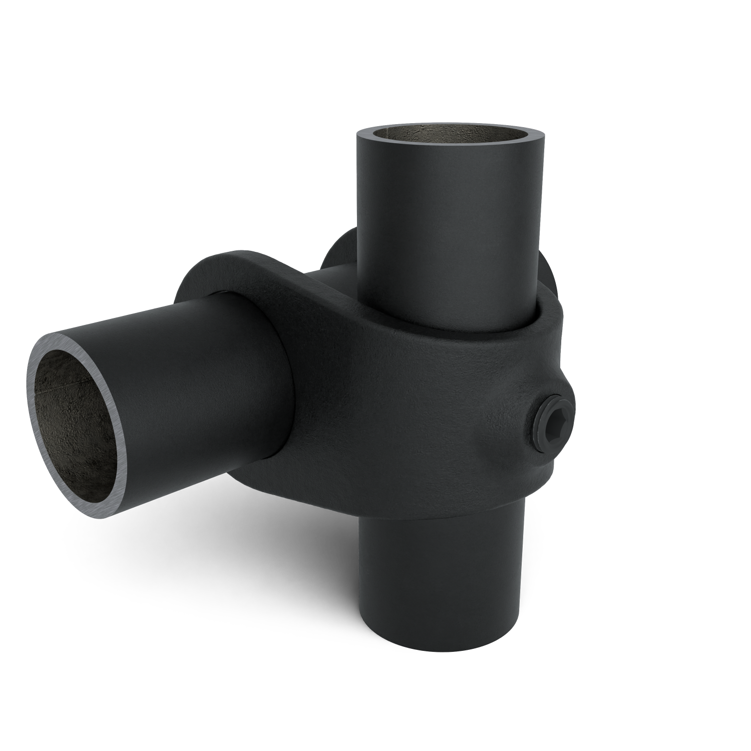 Buiskoppeling Kruisstuk open zwart 42,4 mm - schuin aanzicht met buizen (Steigerbuisstunter.nl)