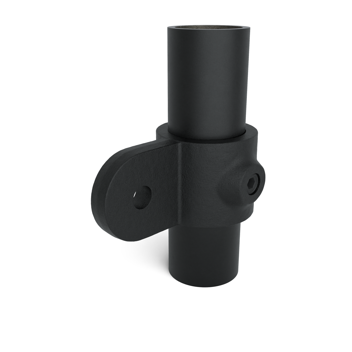 Buiskoppeling Oogdeel Scharnierstuk zwart 42,4 mm - schuin aanzicht met buizen (Steigerbuisstunter.nl)