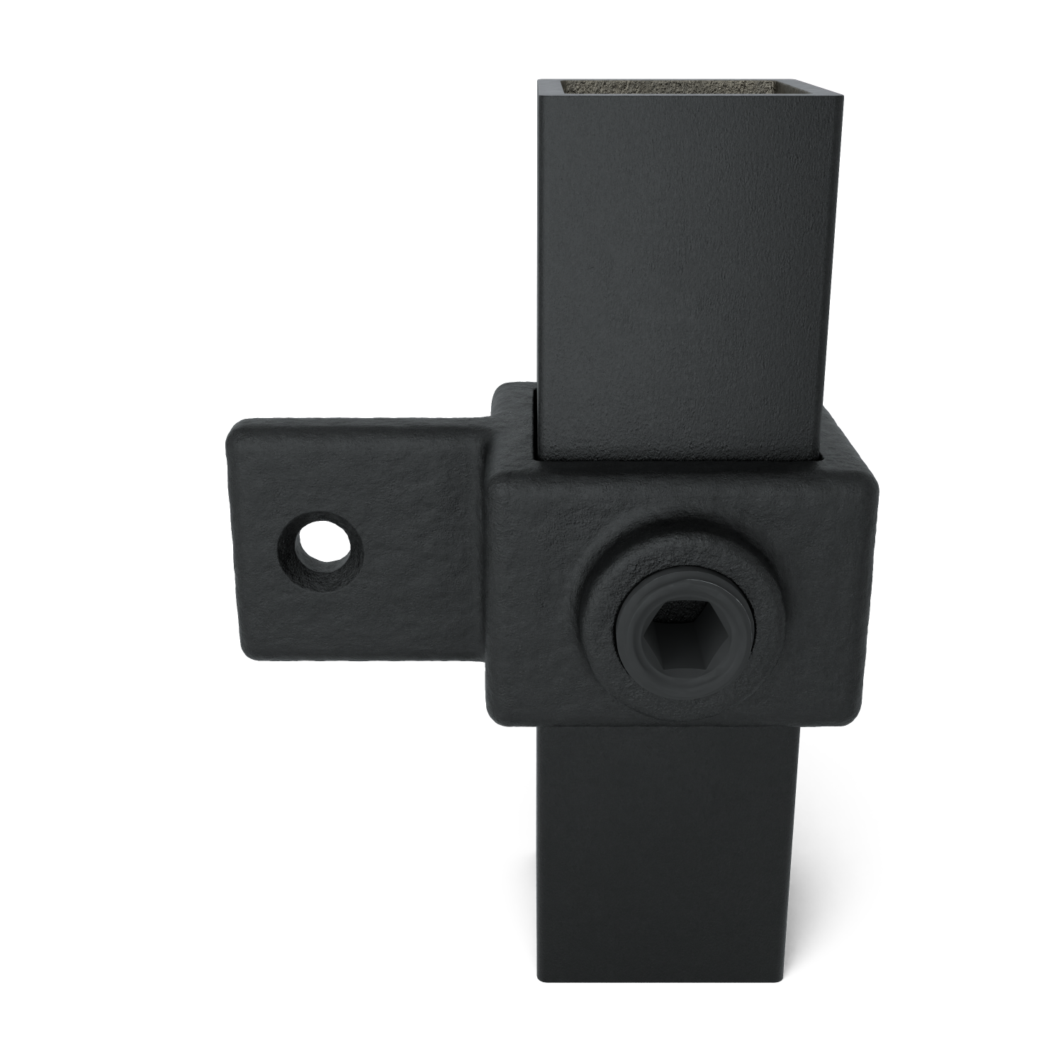 Buiskoppeling Oogdeel scharnierstuk zwart 25 mm vierkant - vooraanzicht met buizen (Steigerbuisstunter.nl)