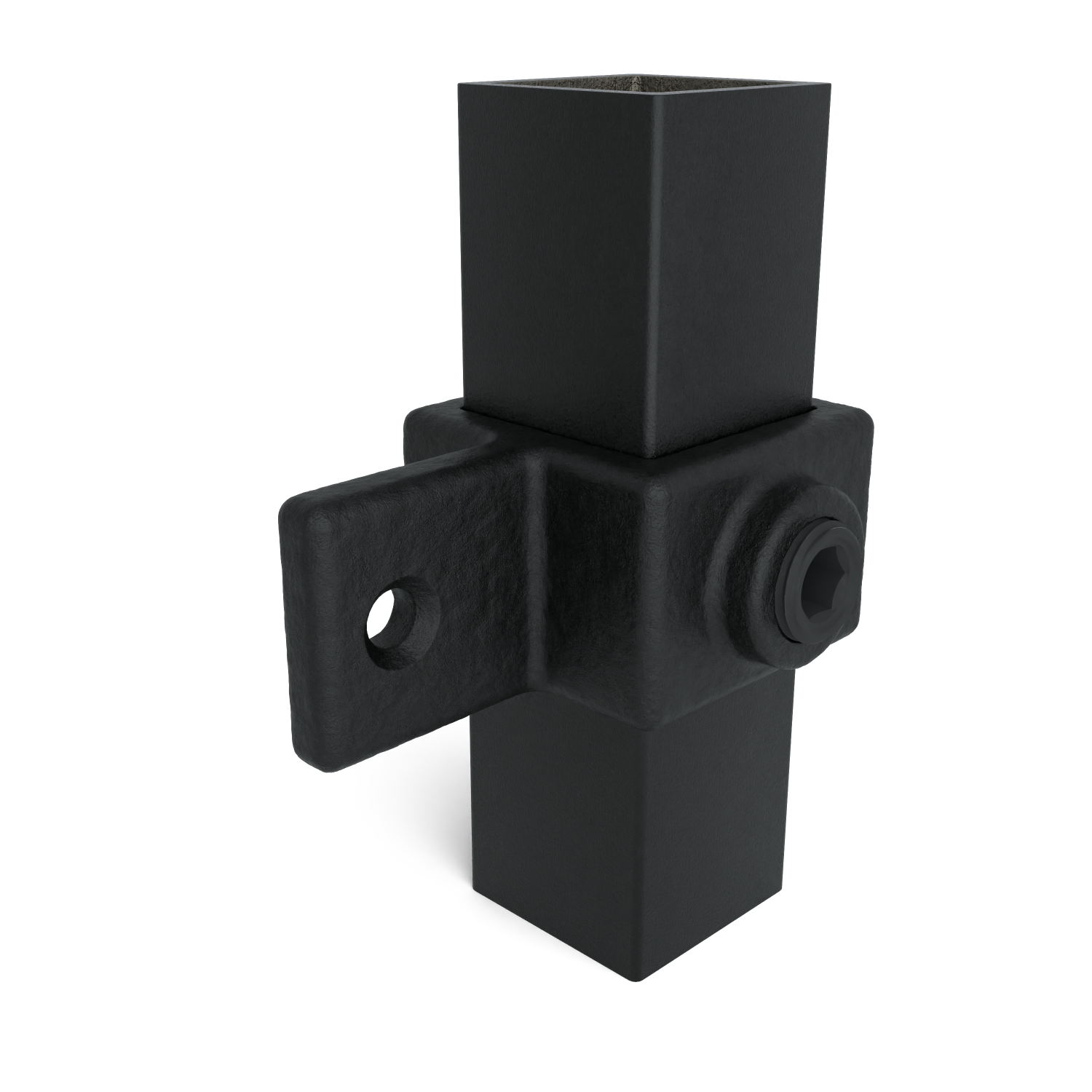 Buiskoppeling Oogdeel scharnierstuk zwart 25 mm vierkant - schuin aanzicht met buizen (Steigerbuisstunter.nl)