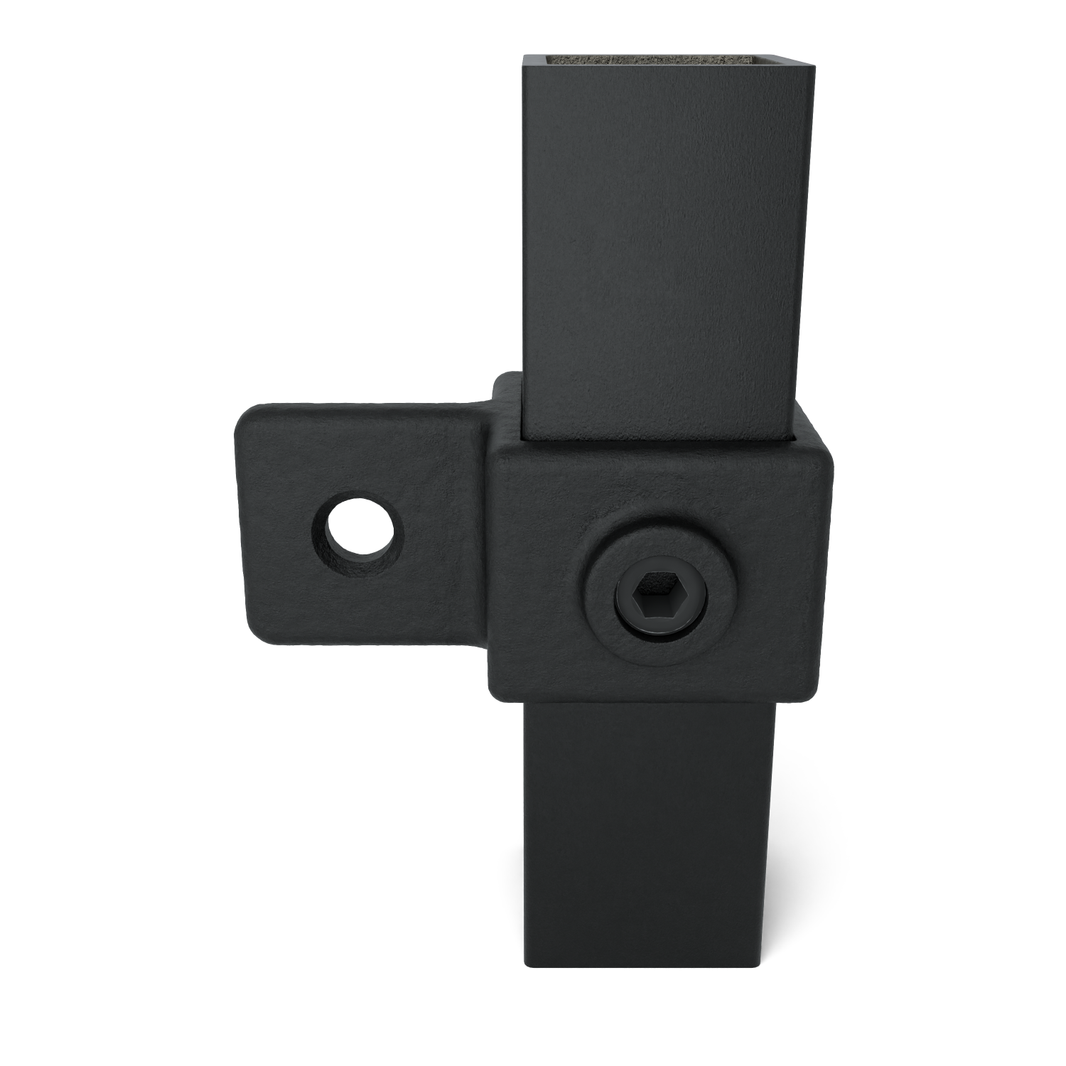 Buiskoppeling Oogdeel scharnierstuk zwart 40 mm vierkant - vooraanzicht met buizen (Steigerbuisstunter.nl)