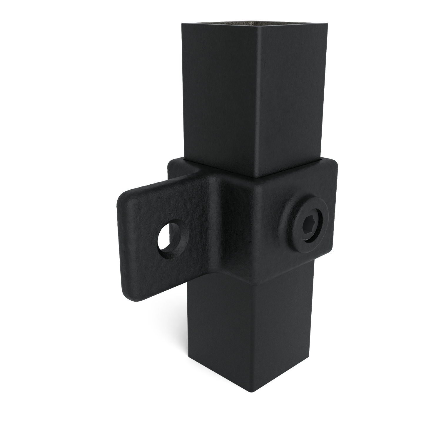 Buiskoppeling Oogdeel scharnierstuk zwart 40 mm vierkant - schuin aanzicht met buizen (Steigerbuisstunter.nl)