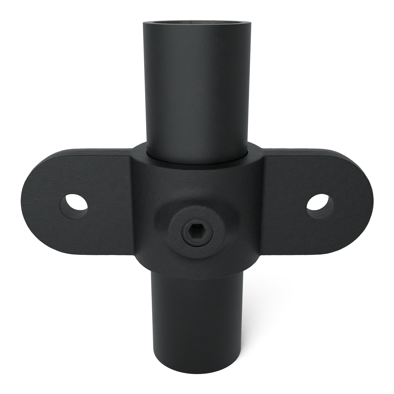 Buiskoppeling Oogdeel dubbel scharnierstuk 180º zwart 48,3 mm - vooraanzicht met buizen (Steigerbuisstunter.nl)