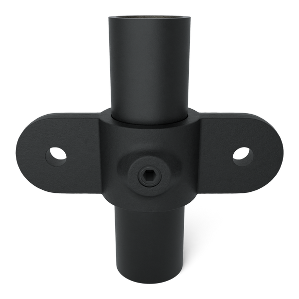 Buiskoppeling Oogdeel dubbel scharnierstuk 180º zwart 33,7 mm - vooraanzicht met buizen (Steigerbuisstunter.nl)