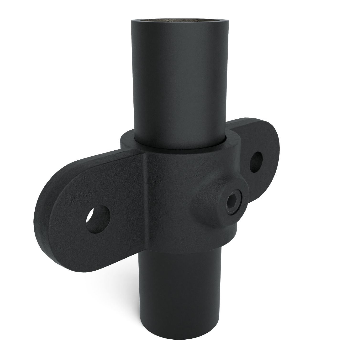 Buiskoppeling Oogdeel dubbel scharnierstuk 180º - zwart voor buiten - 42,4 mm - schuin aanzicht met buizen (Steigerbuisstunter.nl)