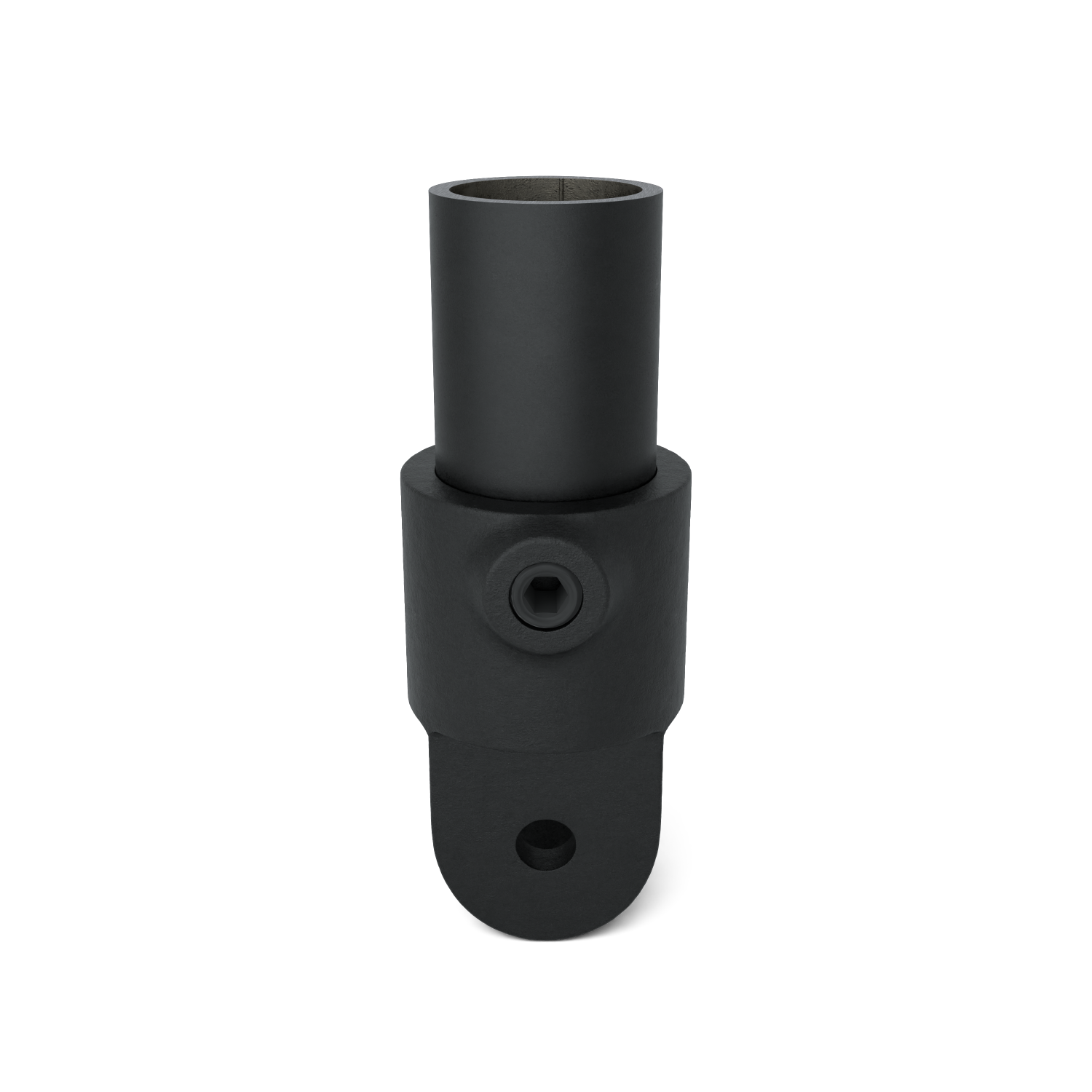 Buiskoppeling Hulsdeel scharnierstuk zwart 33,7 mm - vooraanzicht met buizen (Steigerbuisstunter.nl)