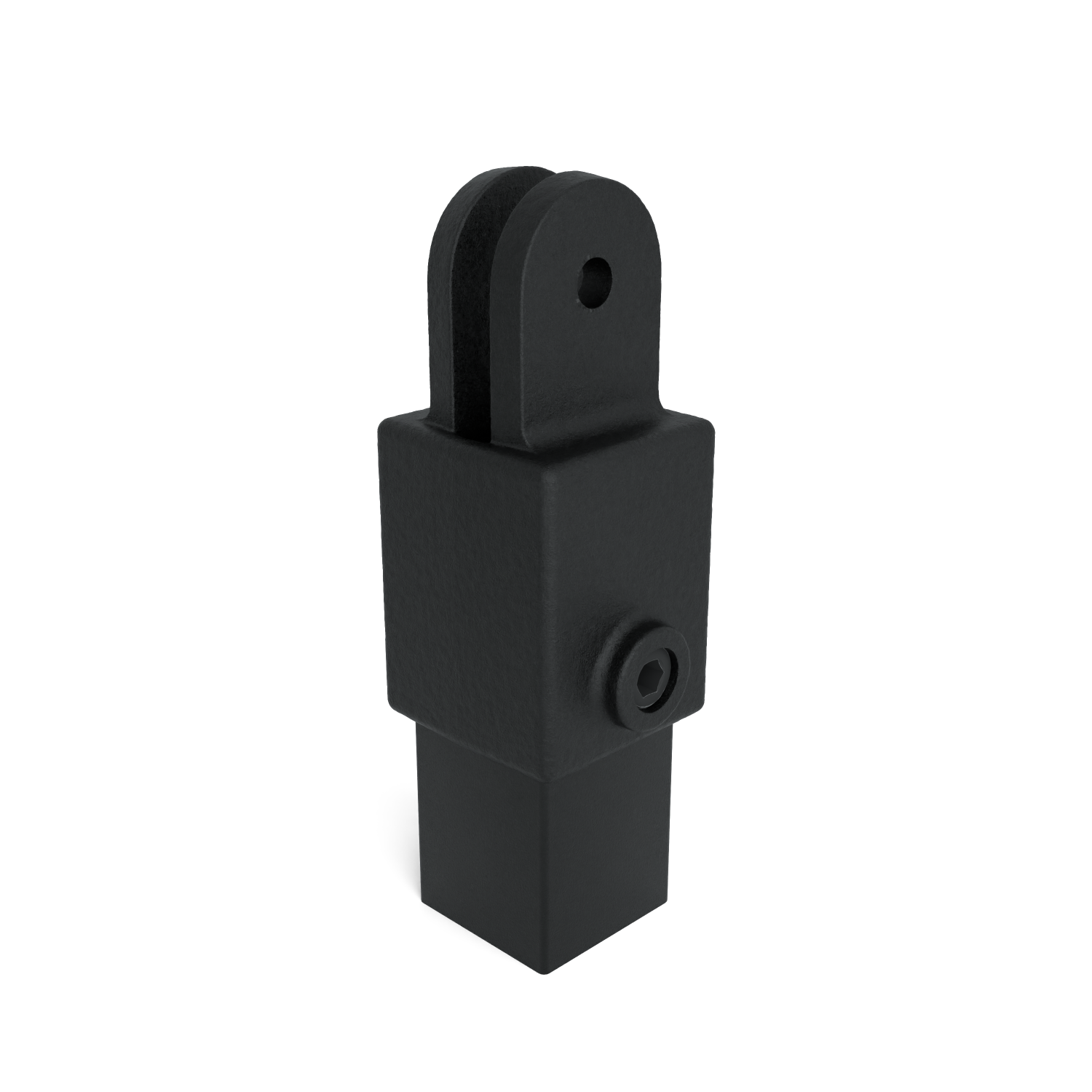Buiskoppeling Hulsdeel scharnierstuk zwart 40 mm vierkant - schuin aanzicht met buizen (Steigerbuisstunter.nl)