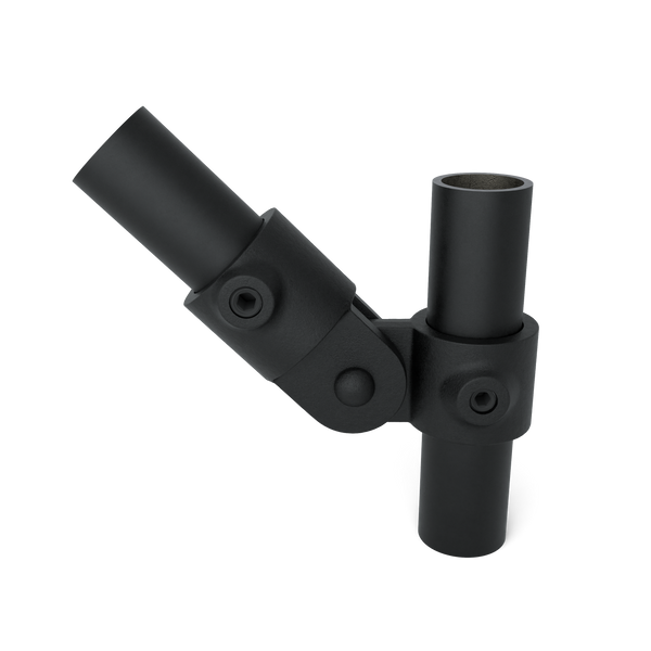 Buiskoppeling Scharnierstuk enkel zwart 33,7 mm - vooraanzicht met buizen (Steigerbuisstunter.nl)