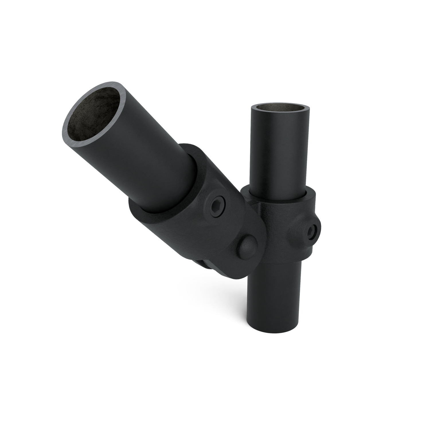 Buiskoppeling Scharnierstuk enkel zwart 26,9 mm - schuin aanzicht met buizen (Steigerbuisstunter.nl)
