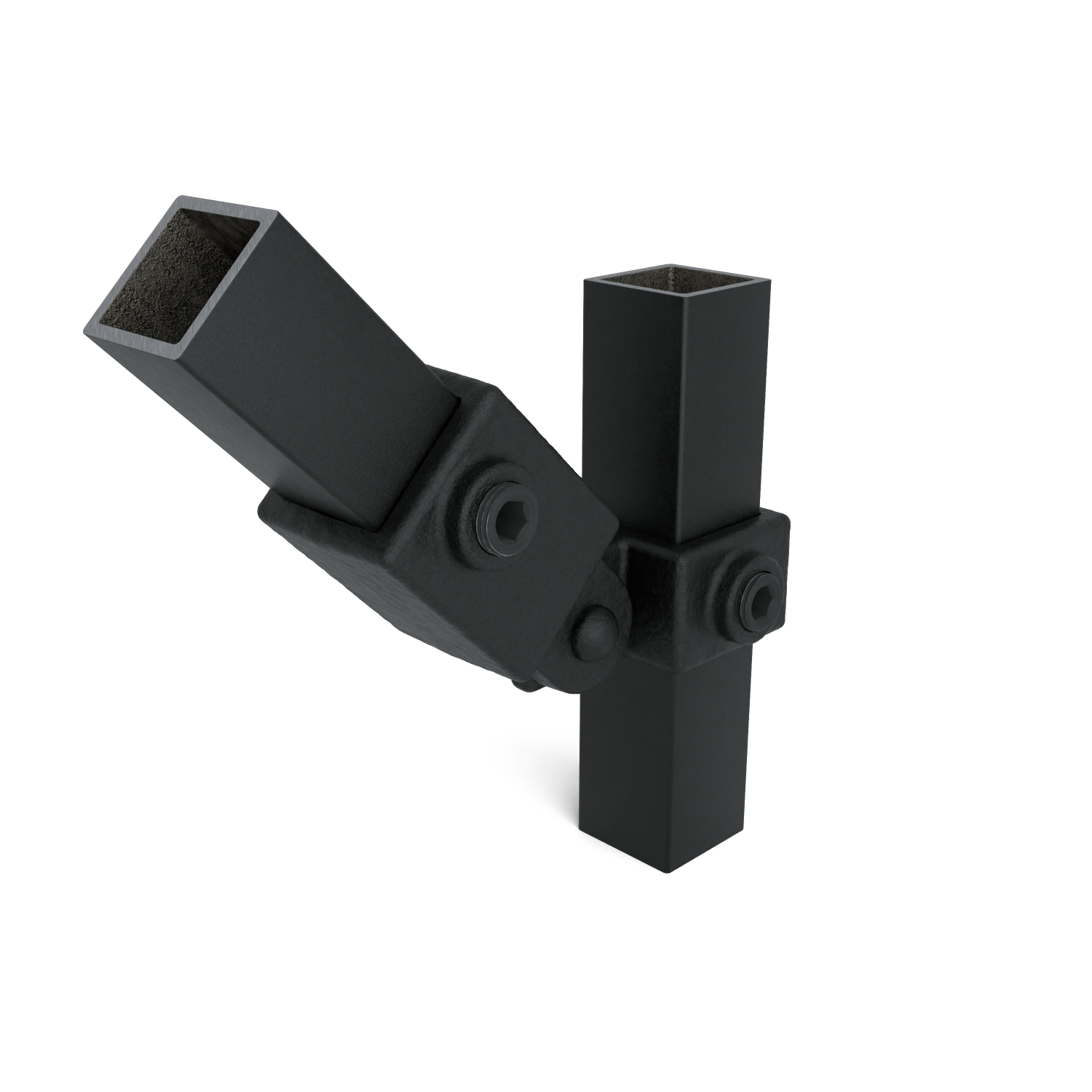 Buiskoppeling Scharnierstuk enkel zwart 25 mm vierkant - schuin aanzicht met buizen (Steigerbuisstunter.nl)