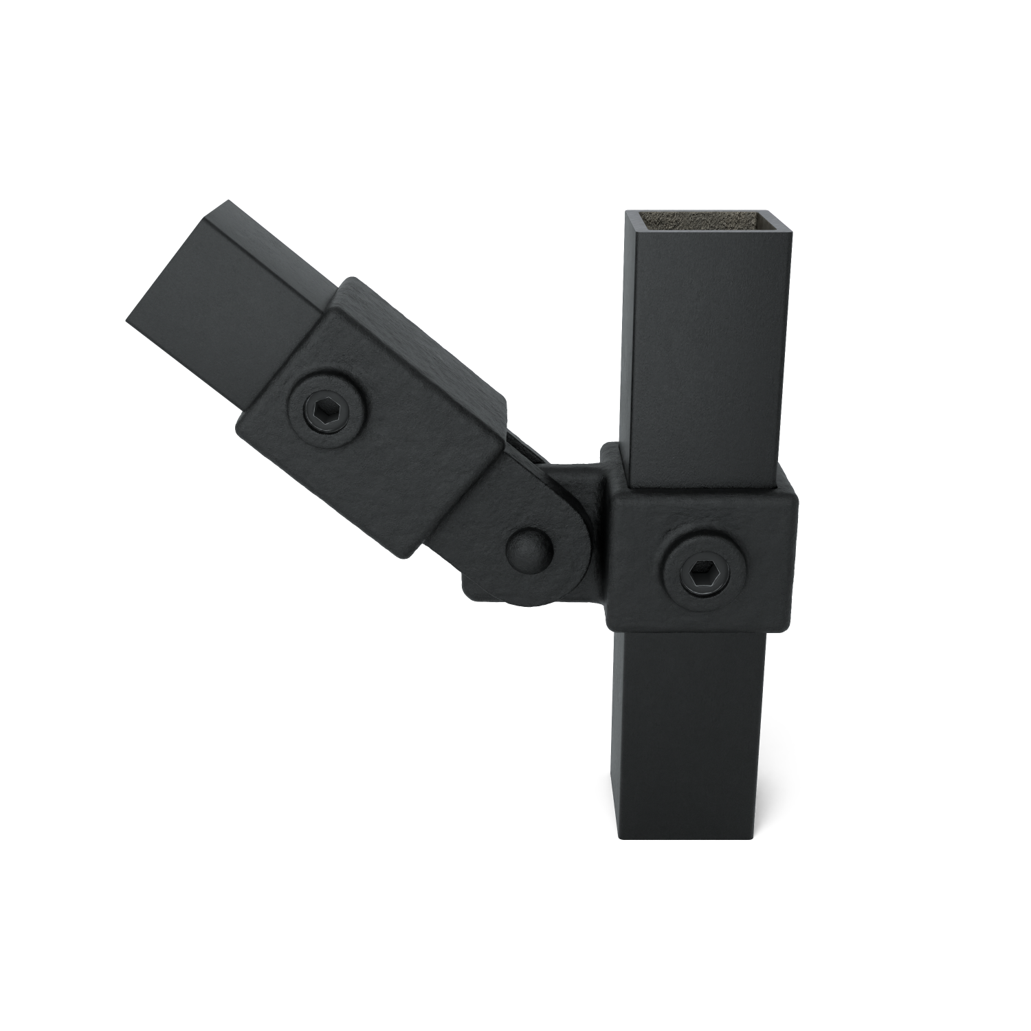 Buiskoppeling Scharnierstuk enkel zwart 40 mm vierkant - vooraanzicht met buizen (Steigerbuisstunter.nl)