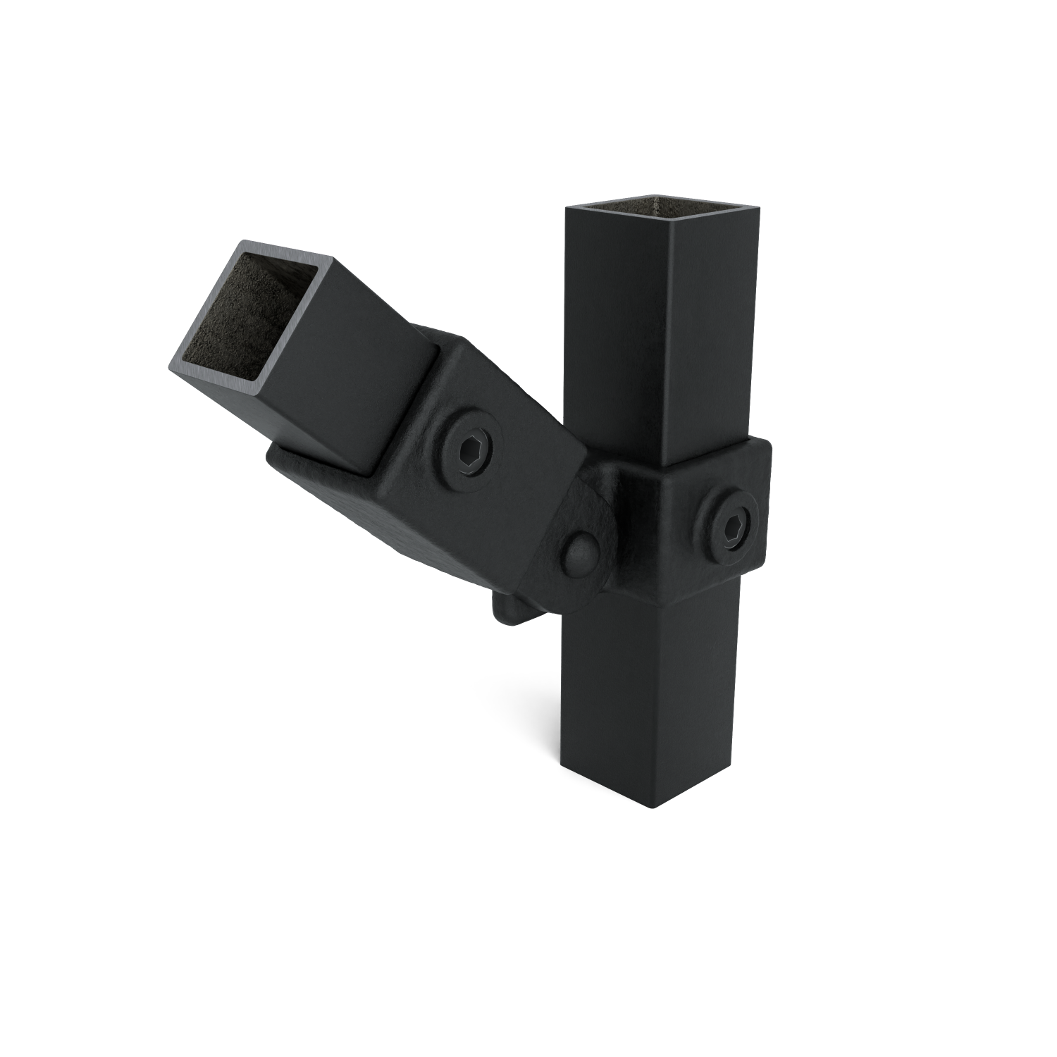 Buiskoppeling Scharnierstuk enkel zwart 40 mm vierkant - schuin aanzicht buiskoppeling (Steigerbuisstunter.nl)