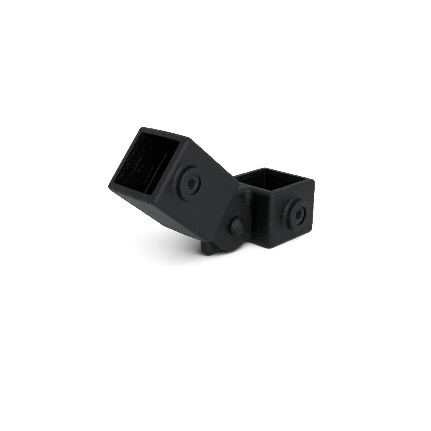 Buiskoppeling Scharnierstuk enkel zwart 40 mm vierkant - zijaanzicht met buizen (Steigerbuisstunter.nl)