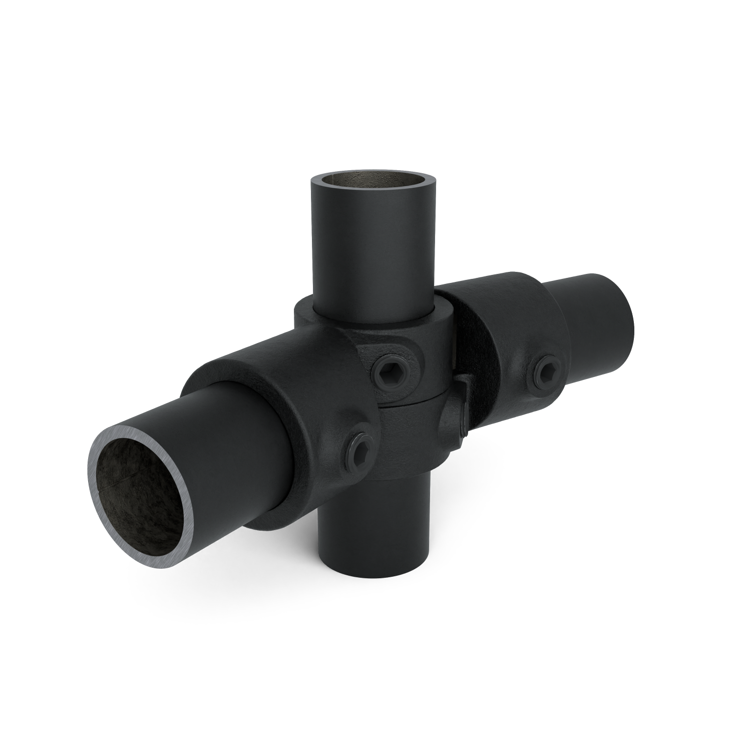 Buiskoppeling Verstelbaar hoekstuk zwart 33,7 mm - 1 stuk - schuin aanzicht met buizen (Steigerbuisstunter.nl)
