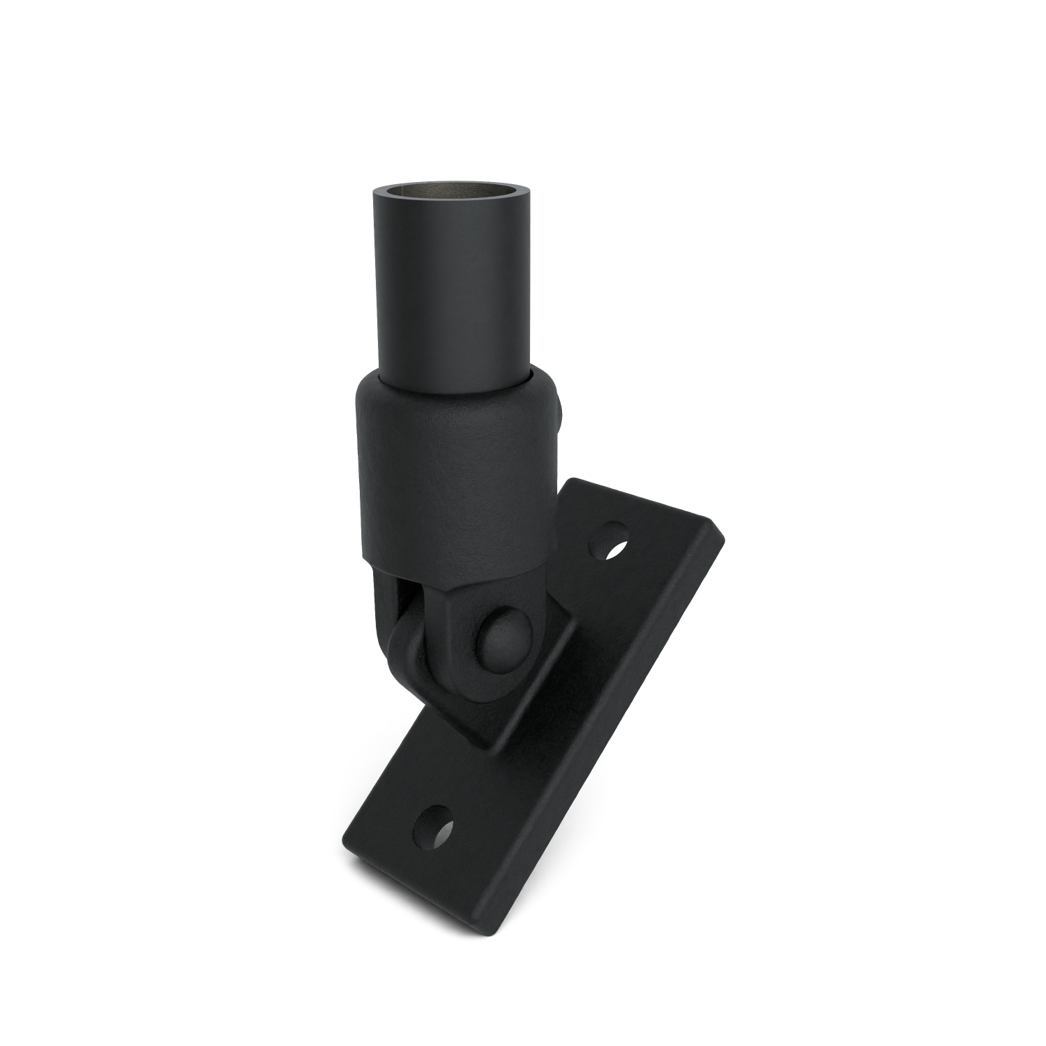 Buiskoppeling Scharniervoet zwart 26,9 mm - schuin aanzicht met buizen (Steigerbuisstunter.nl)