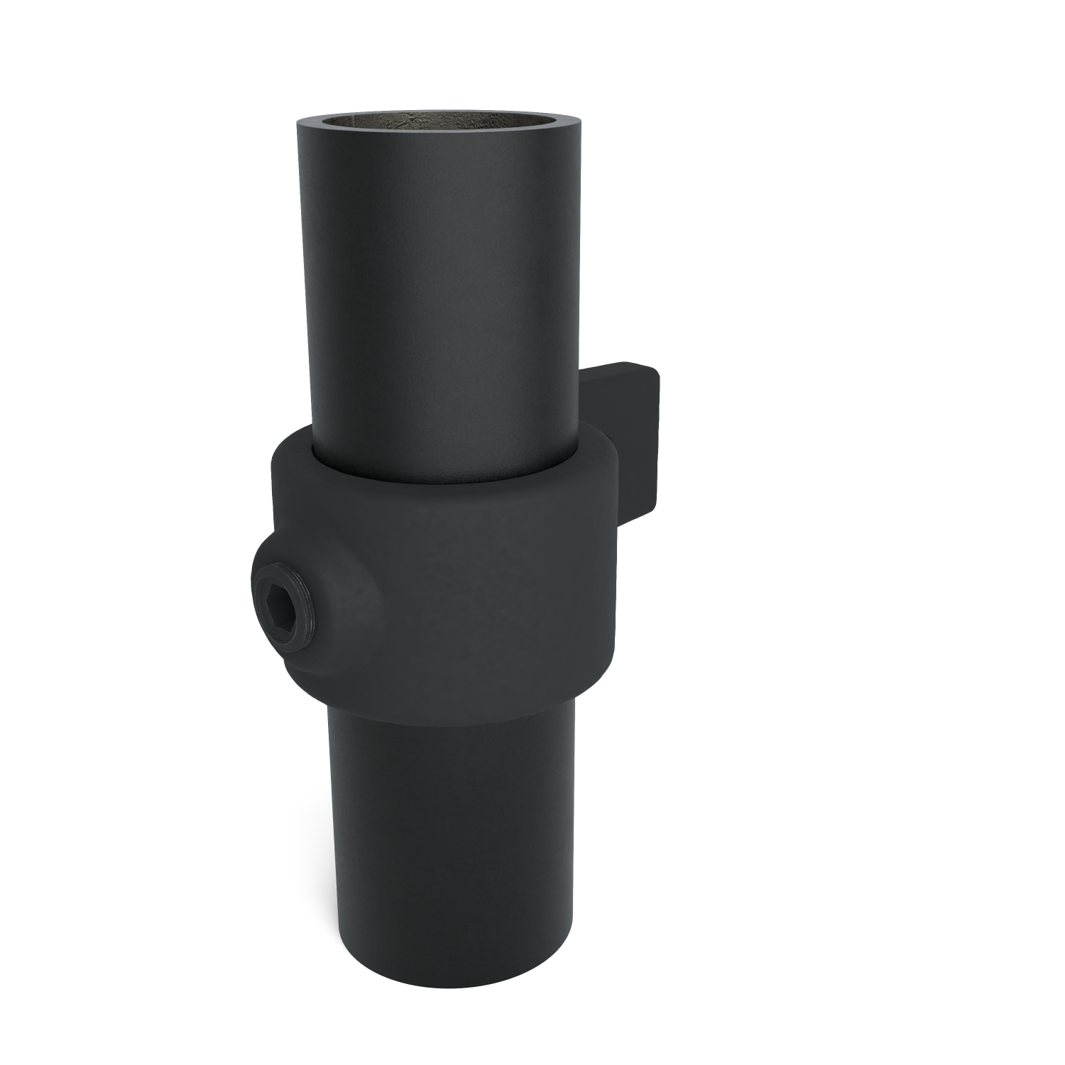 Buiskoppeling Bevestigingsring enkel - zwart voor buiten - 42,4 mm - schuin aanzicht met buizen (Steigerbuisstunter.nl)