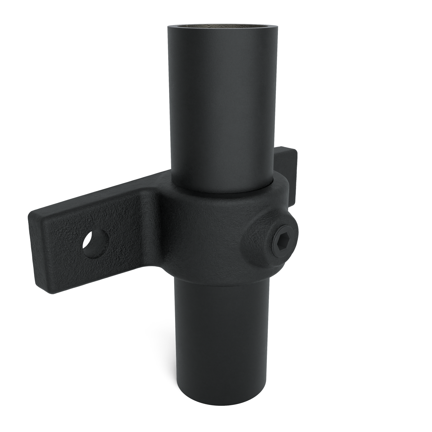 Buiskoppeling Bevestigingsring dubbel zwart 42,4 mm - schuin aanzicht met buizen (Steigerbuisstunter.nl)