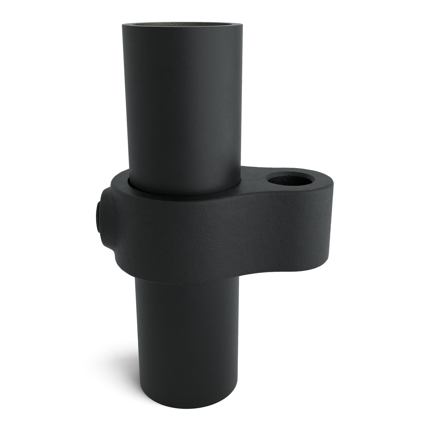 Buiskoppeling Scharnieroog zwart 42,4 mm - vooraanzicht met buizen (Steigerbuisstunter.nl)