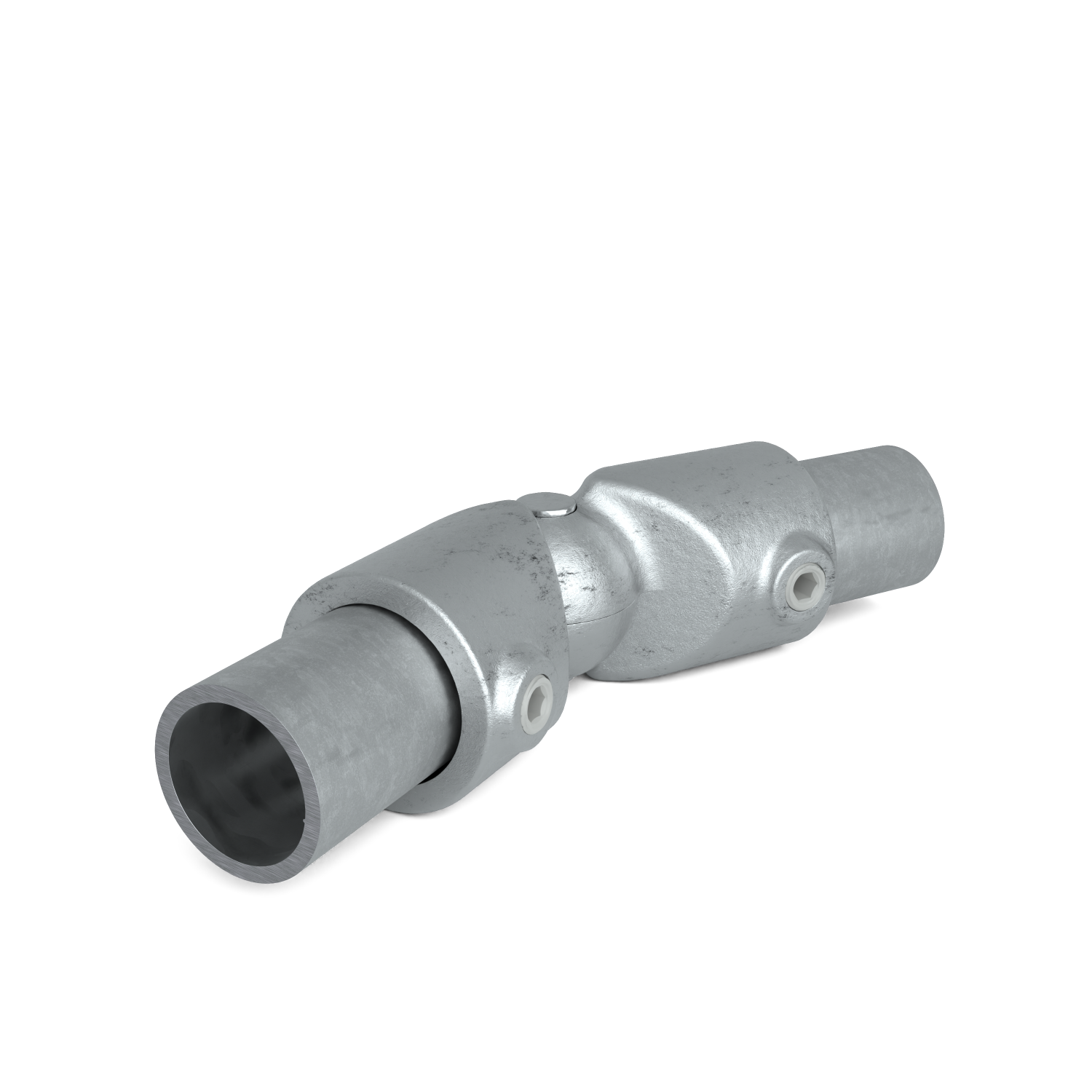 Buiskoppeling Kniestuk verstelbaar 75º - 270º 33,7 mm - schuin aanzicht met buizen (Steigerbuisstunter.nl)