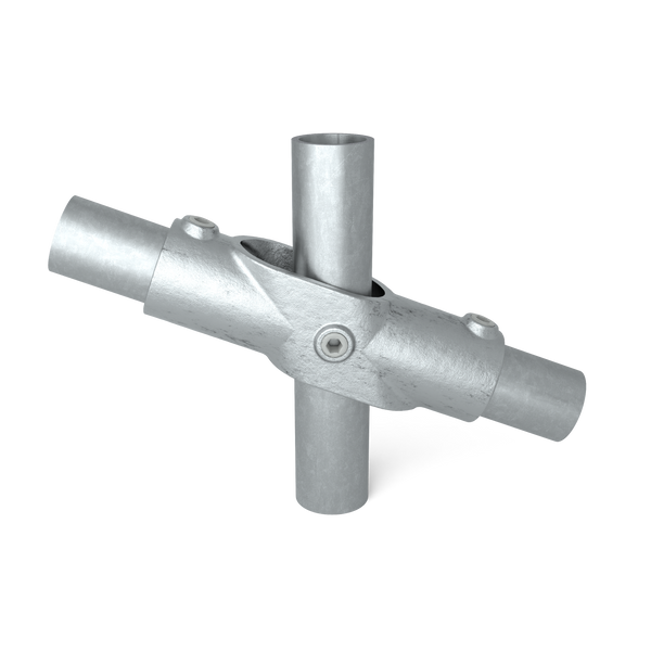 Buiskoppeling Kruisstuk 45º - 90º 42,4 mm - vooraanzicht met buizen (Steigerbuisstunter.nl)