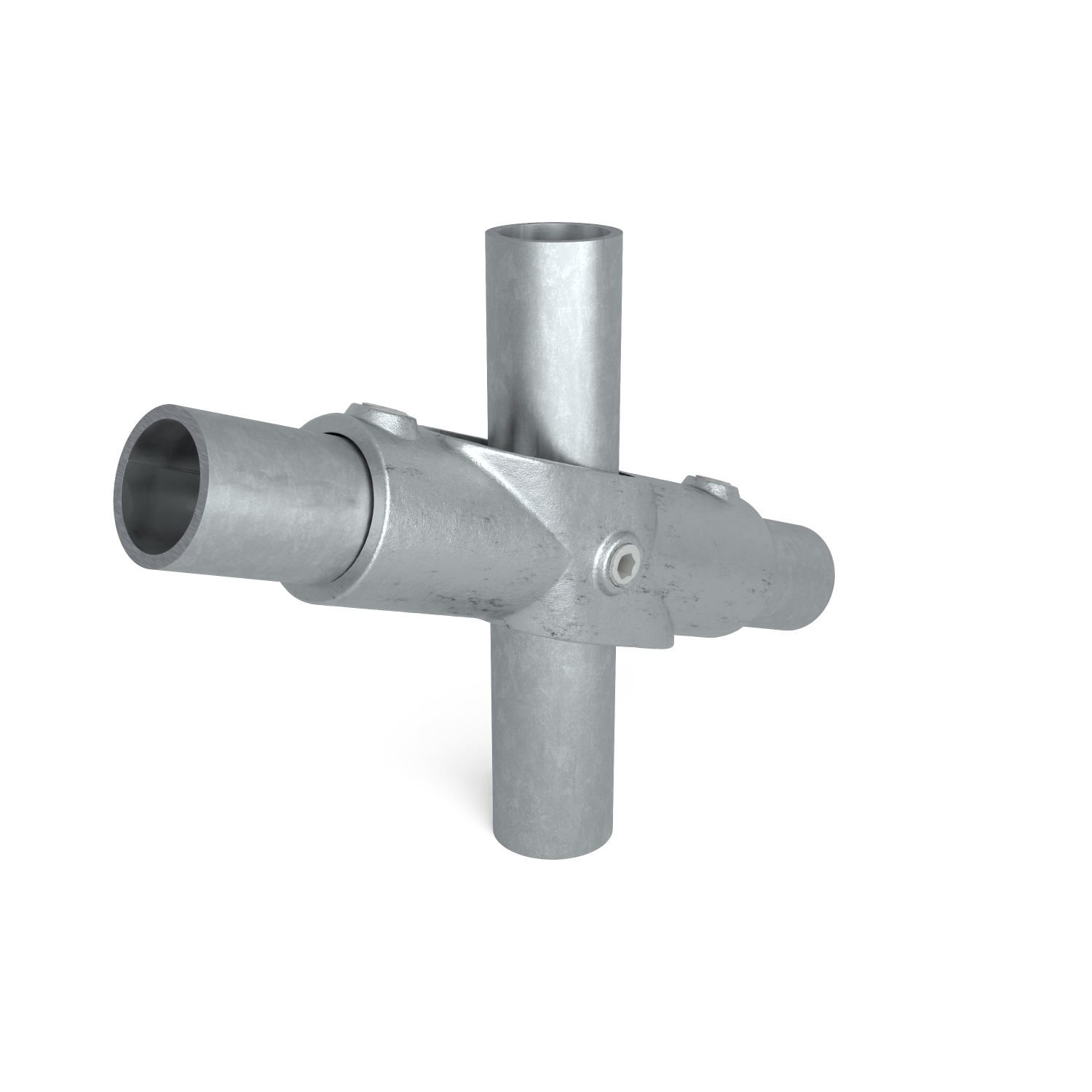 Buiskoppeling Kruisstuk 45º - 90º 42,4 mm - schuin aanzicht met buizen (Steigerbuisstunter.nl)