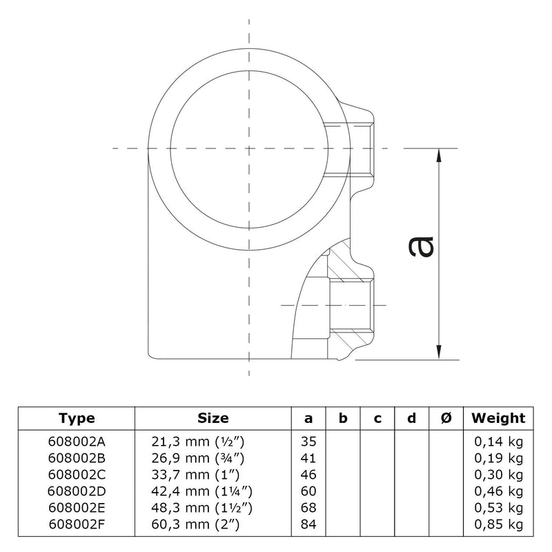 T-stuk kort 42,4 mm technische tekening