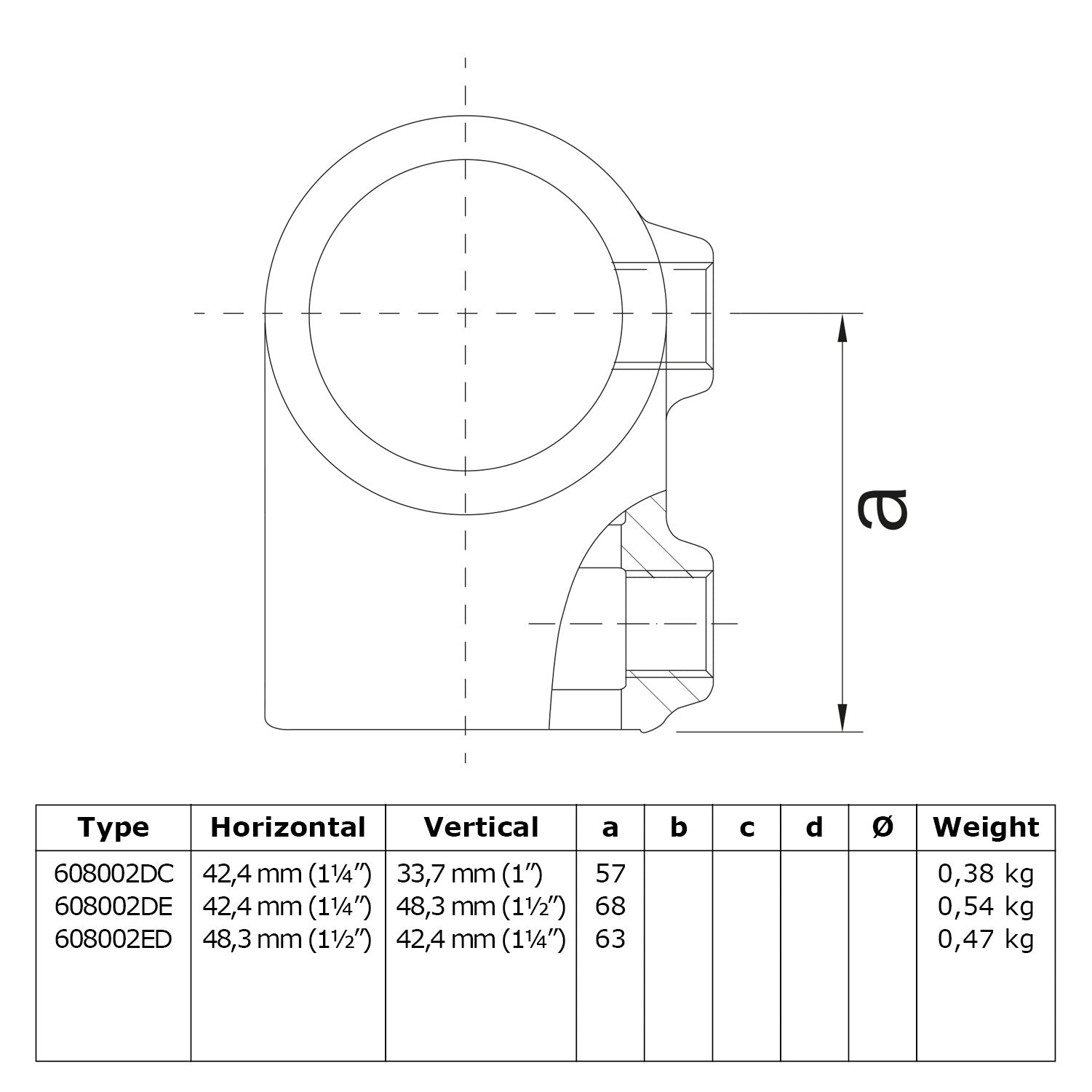 T-stuk kort verloop 42,4 mm - 48,3 mm technische tekening