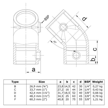 T-stuk kort 45° 26,9 mm