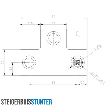 T-stuk lang zwart 25 mm vierkant