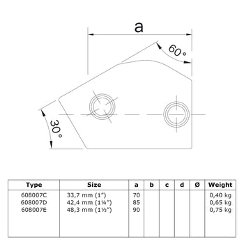 T-stuk kort verstelbaar 33,7 mm technische tekening