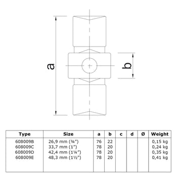 Koppelstuk inwendig 42,4 mm technische tekening