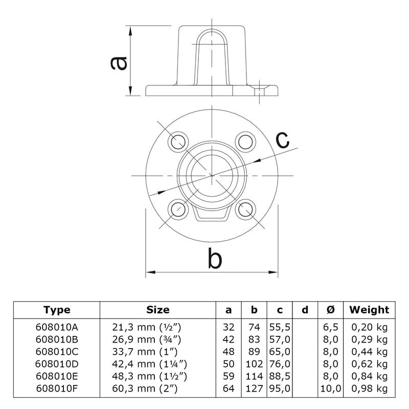 Voetplaat rond 42,4 mm technische tekening