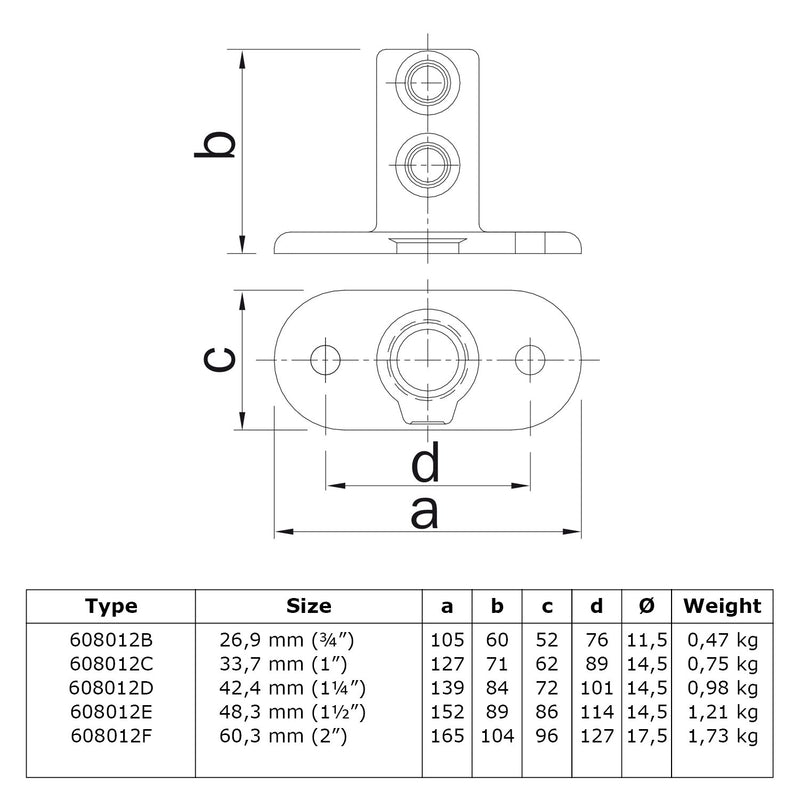 Voetplaat ovaal 26,9 mm technische tekening