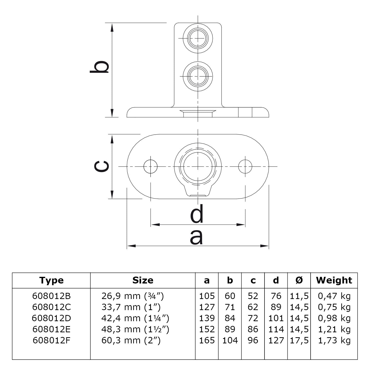 Voetplaat ovaal 33,7 mm technische tekening