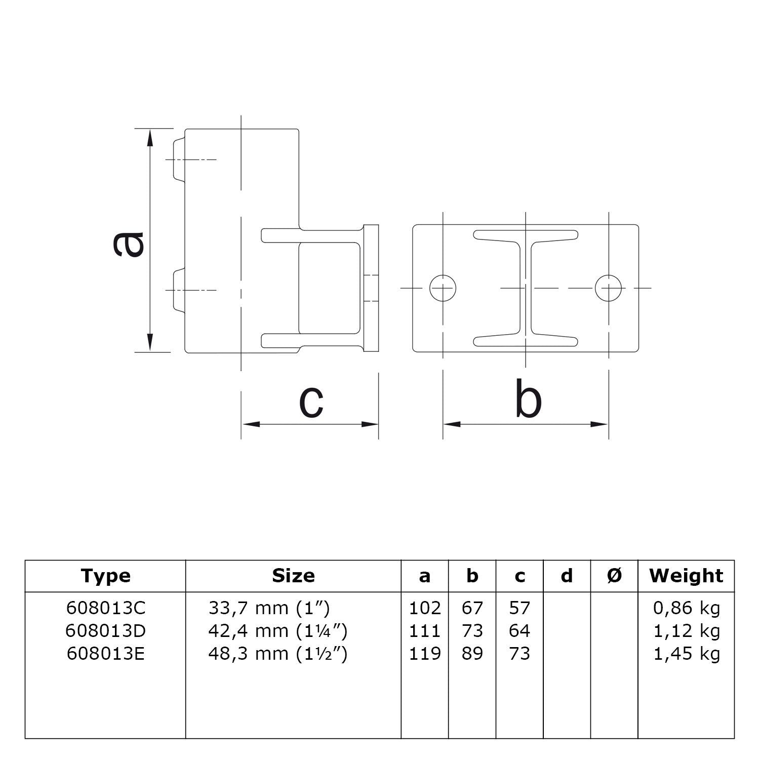 Boeiboordbevestiging horizontaal 42,4 mm technische tekening