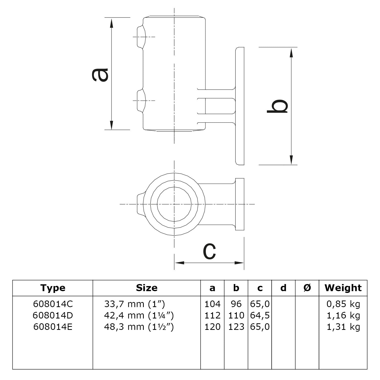 Boeiboordbevestiging verticaal 42,4 mm technische tekening