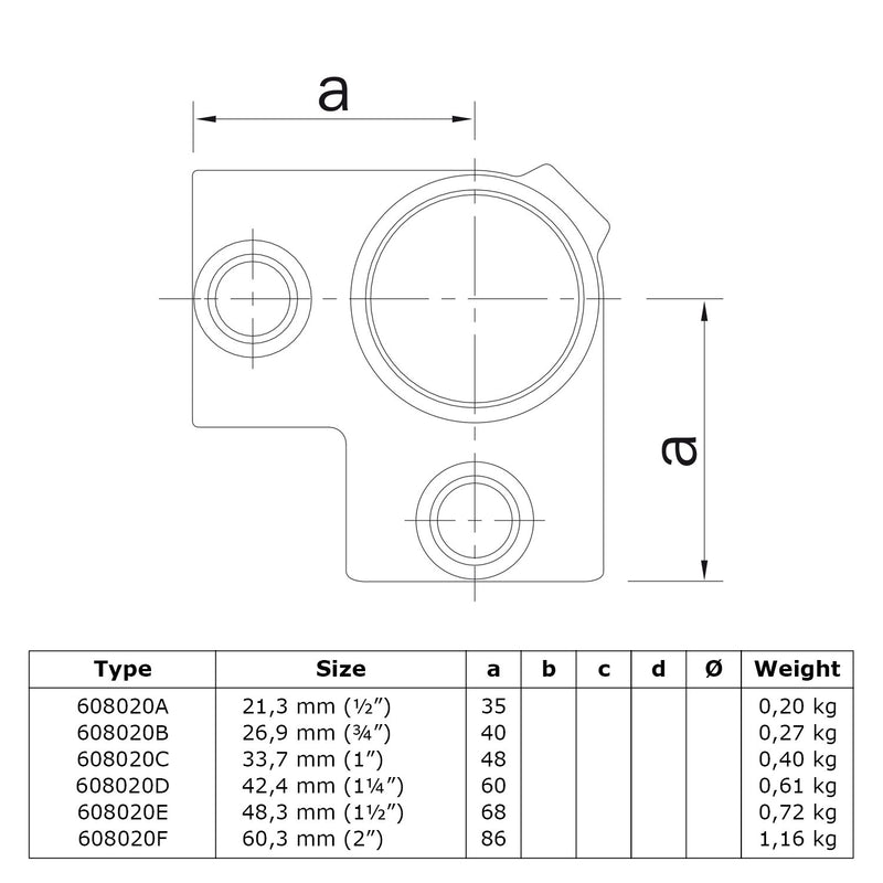 Hoekstuk 90º 48,3 mm technische tekening