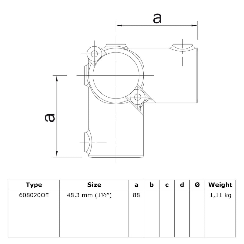 Hoekstuk 90º open 48,3 mm  technische tekening