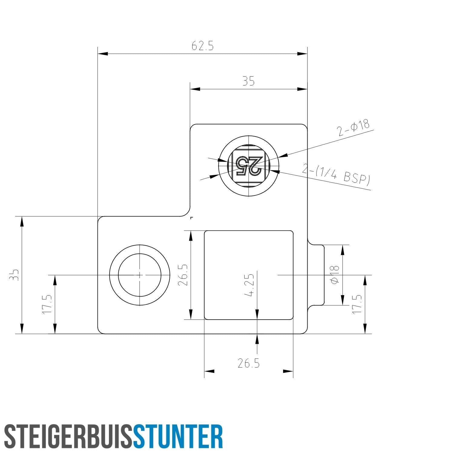 Hoekstuk 90º 25 mm vierkant