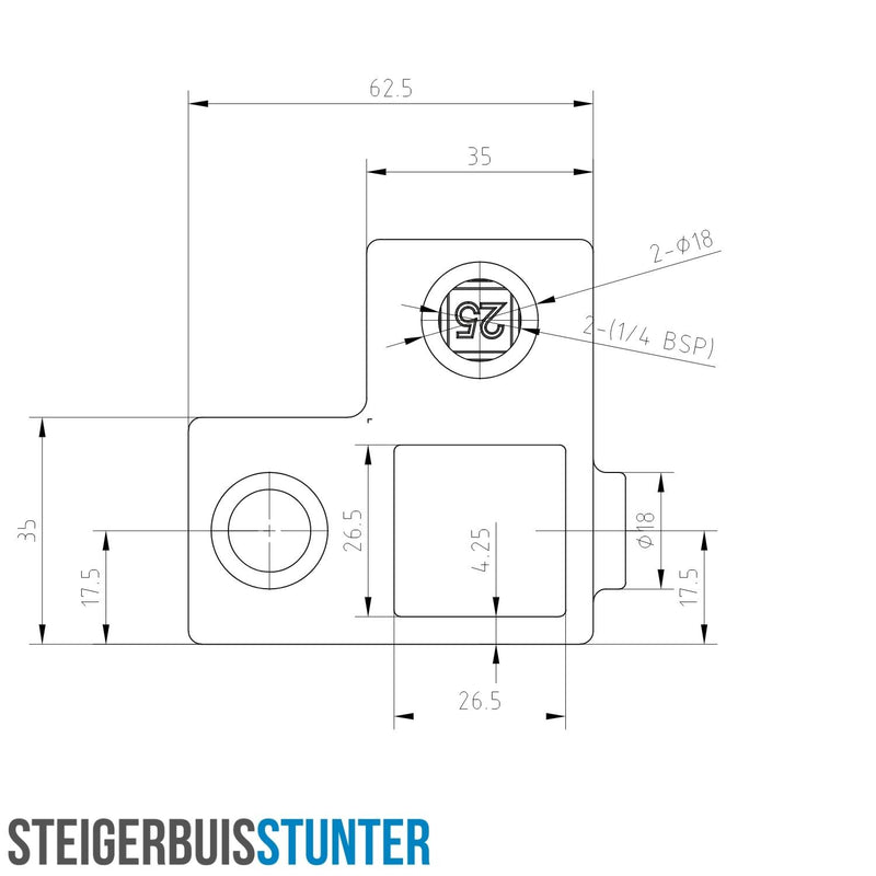 Hoekstuk 90º zwart 25 mm vierkant