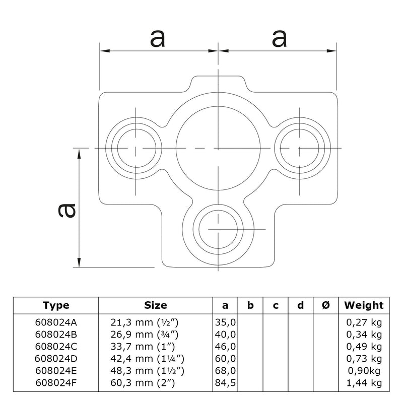 T-stuk zij-uitgang 42,4 mm technische tekening