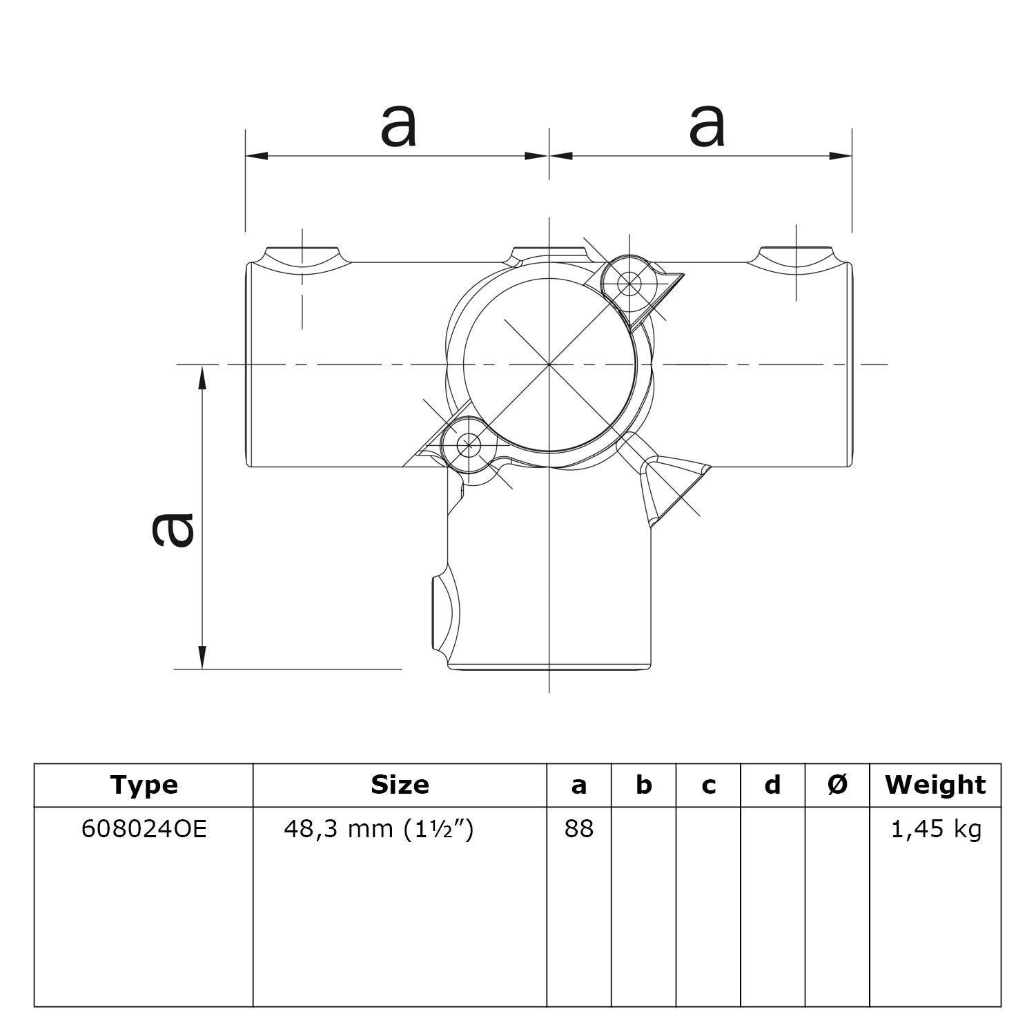 T-stuk zij-uitgang open 48,3 mm technische tekening